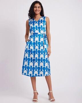 geometric print a-line dress with waist tie-up