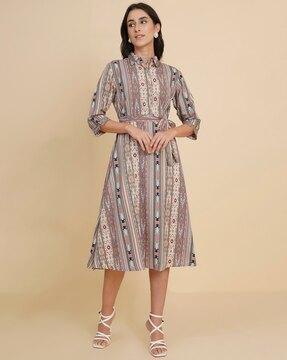 geometric print a-line dress with waist tie-up