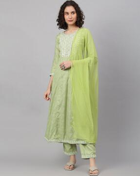 geometric print a-line kurta set with dupatta