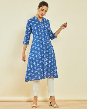 geometric print a-line kurta with mandarin collar neck