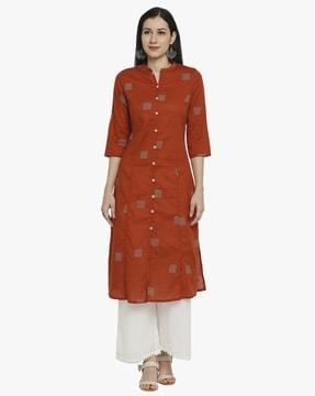 geometric print a-line kurta with mandarin collar