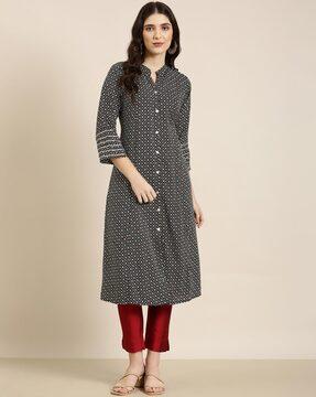 geometric print a-line kurta with mandarin collar