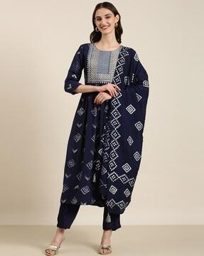 geometric print a-line kurta with pants & dupatta