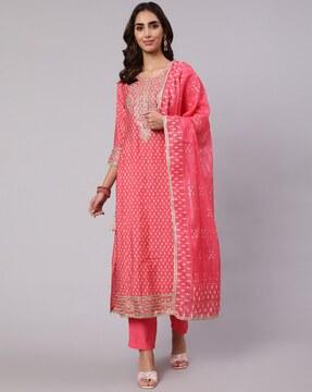 geometric print a-line straight kurta set