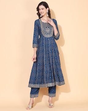 geometric print anarkali kurta suit set