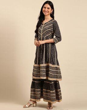 geometric print anarkali kurta suit set