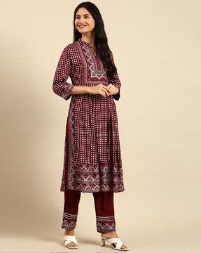 geometric print anarkali kurta suit set