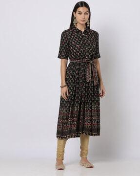 geometric print anarkali kurta with tie-up