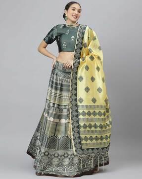 geometric print art silk lehenga choli set with dupatta