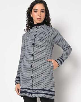 geometric print band-collar cardigan