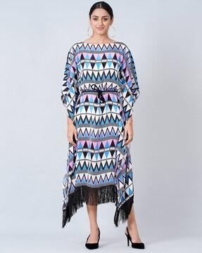 geometric print boat-neck fit & flared dress