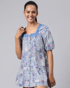 geometric print button-down a-line dress