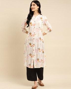 geometric print button-down a-line kurta