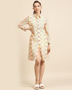 geometric print button-down shirt dress