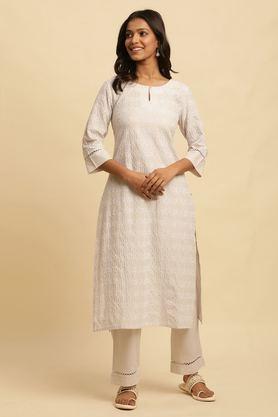 geometric print calf length cotton woven women's kurta set - grey