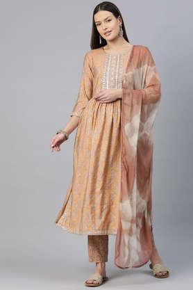 geometric print calf length silk women's kurta set - brown