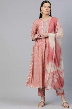 geometric print calf length silk women's kurta set - peach