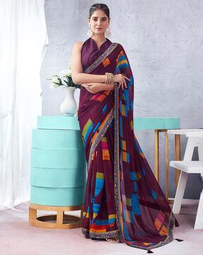 geometric print chiffon saree with tassels