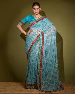 geometric print chiffon saree