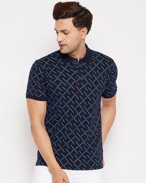 geometric print collar-neck polo t-shirt