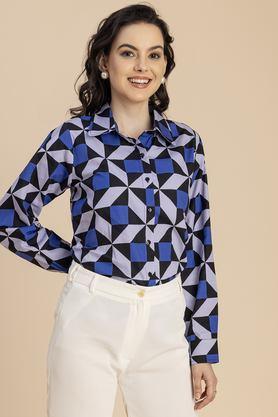 geometric print collared cotton women's casual wear shirt - black