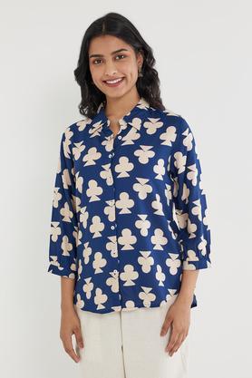 geometric print collared rayon women's casual wear shirt - indigo