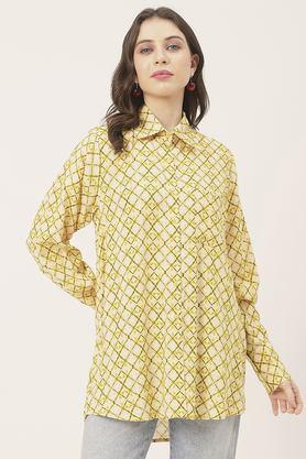 geometric print collared rayon women's casual wear shirt - yellow