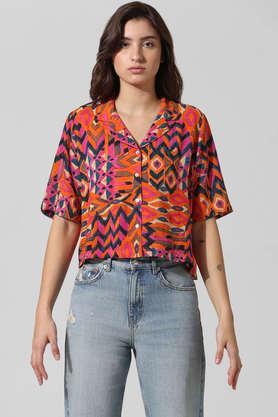 geometric print collared viscose women's casual wear shirt - orange