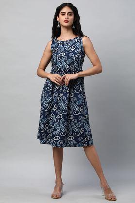 geometric print cotton boat neck women's knee length dress - blue