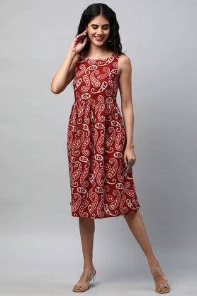 geometric print cotton boat neck women's knee length dress - red