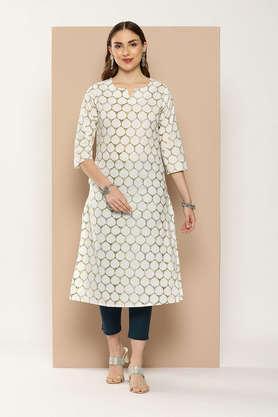 geometric print cotton halter neck women's casual wear kurta - white