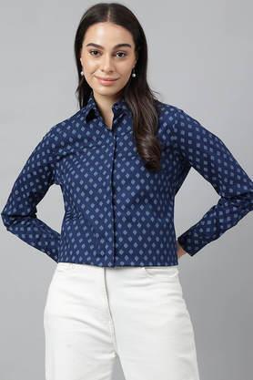 geometric print cotton regular fit women's shirt - navy