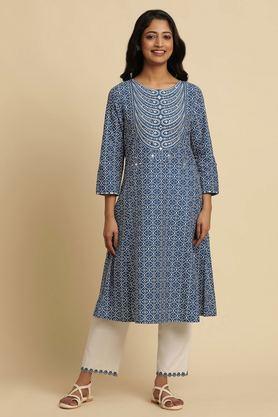 geometric print cotton round neck women's casual wear kurta - blue