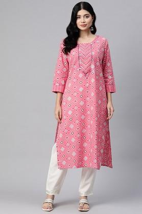 geometric print cotton round neck women's kurti - pink