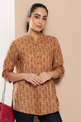 geometric print cotton round neck women's tunic - yellow