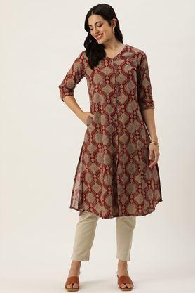 geometric print cotton v-neck women's casual wear kurta - red