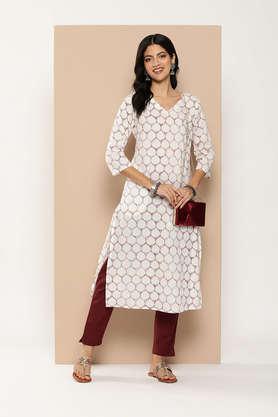geometric print cotton v-neck women's casual wear kurta - white