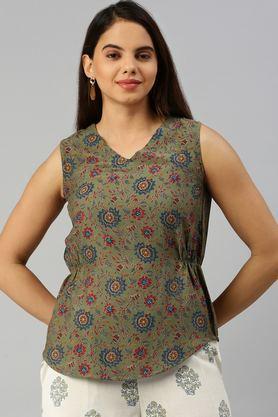 geometric print cotton v-neck women's top - green