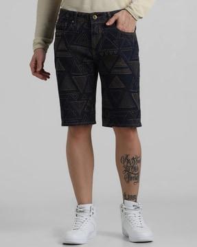 geometric print denim shorts