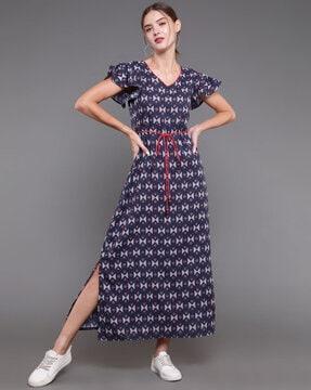 geometric print dress with slit