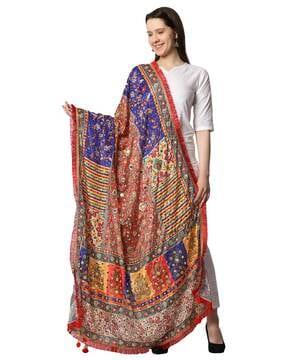 geometric print dupatta with pom poms