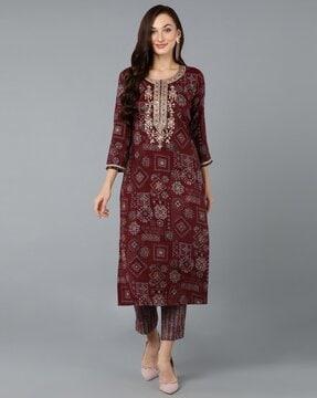 geometric print embroidered straight kurta