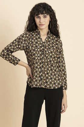 geometric print faux fur regular fit women's casual shirt - yellow