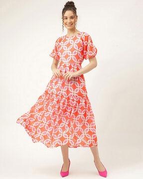 geometric print fit & flared dress