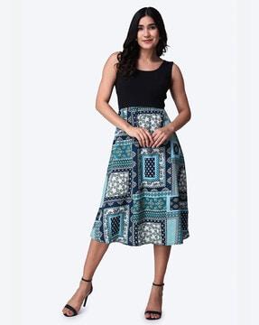 geometric print fit and flare dress