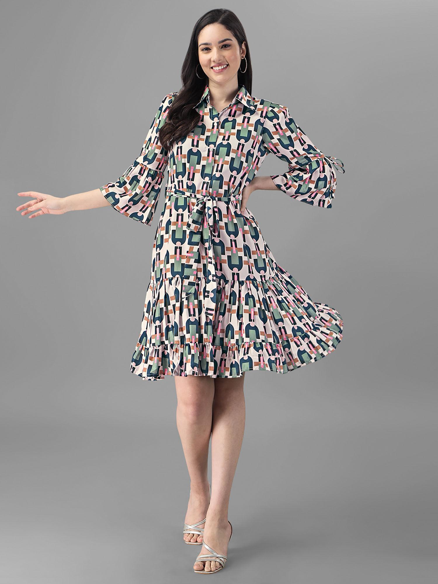 geometric print fit flare shirt collar dress with belt (set of 2)