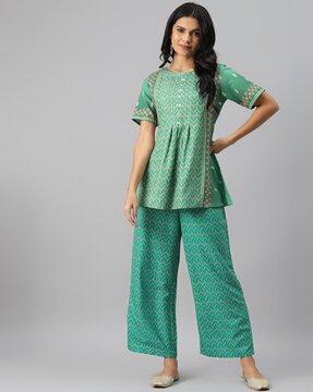 geometric print flared kurta with bottomwear set