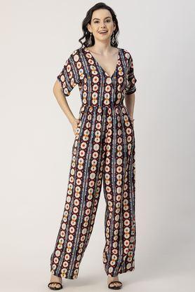 geometric print half sleeves rayon women's full length jumpsuit - multi