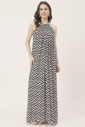 geometric print halter neck rayon women's full length dress - black