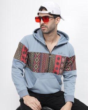 geometric print hoodie with kangaroo pocket